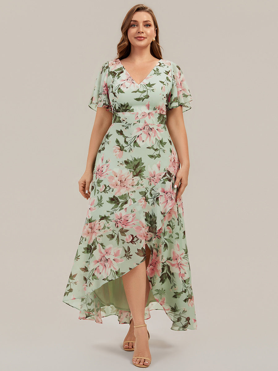 Color=Light Green Floral | B2B-Exclusive Short Sleeve Ruffled Deep V-Neck Asymmetrical High-Low Bridesmaid Dresses-Light Green Floral 16