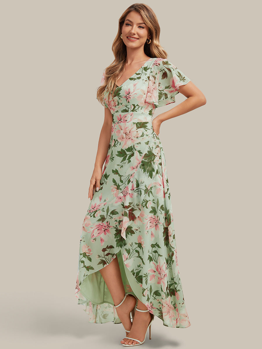 Color=Light Green Floral | B2B-Exclusive Short Sleeve Ruffled Deep V-Neck Asymmetrical High-Low Bridesmaid Dresses-Light Green Floral 14