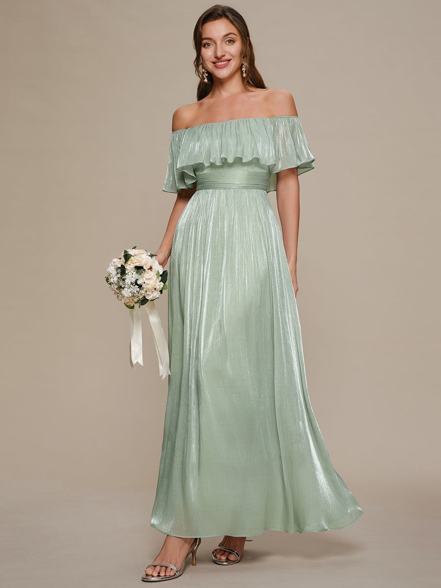 Color=Mint Green | Fast Delivery Short Sleeve Off Shoulder Ruffled A-Line Floor Length Bridesmaid Dresses-Mint Green 4