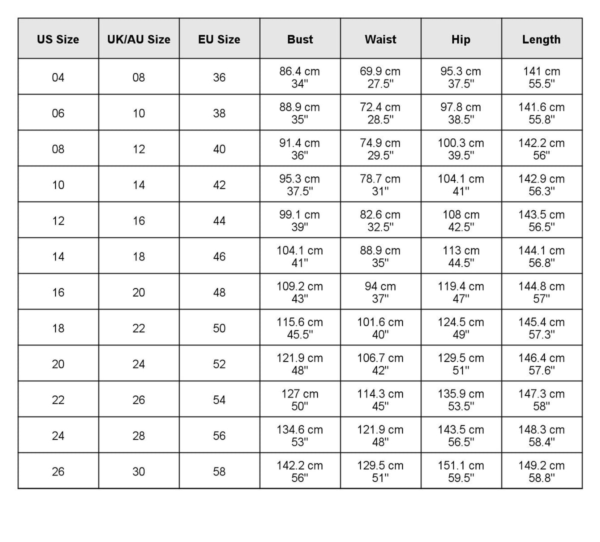 size chart