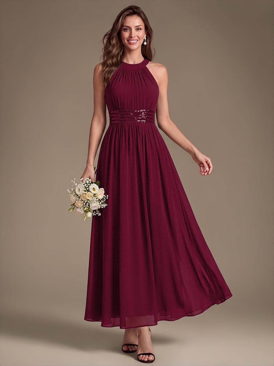 Color=Burgundy | Corset Sash Halter Chiffon A-Line Maxi Bridesmaid Dress-Burgundy 1