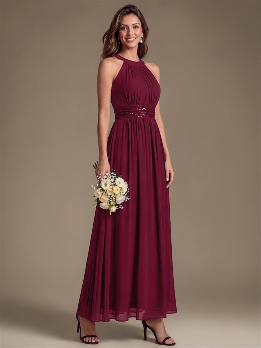 Color=Burgundy | Corset Sash Halter Chiffon A-Line Maxi Bridesmaid Dress-Burgundy 3
