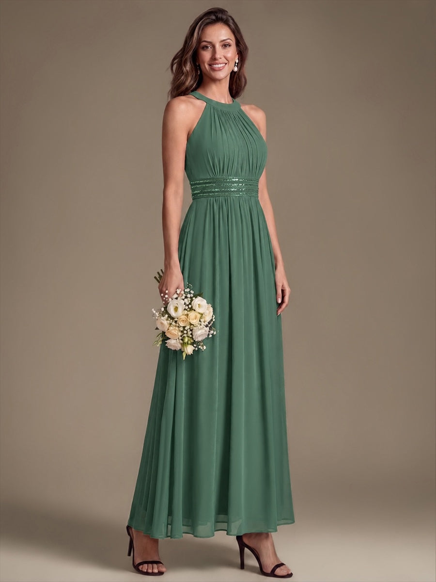Color=Eucalyptus | Corset Sash Halter Chiffon A-Line Maxi Bridesmaid Dress-Eucalyptus 3