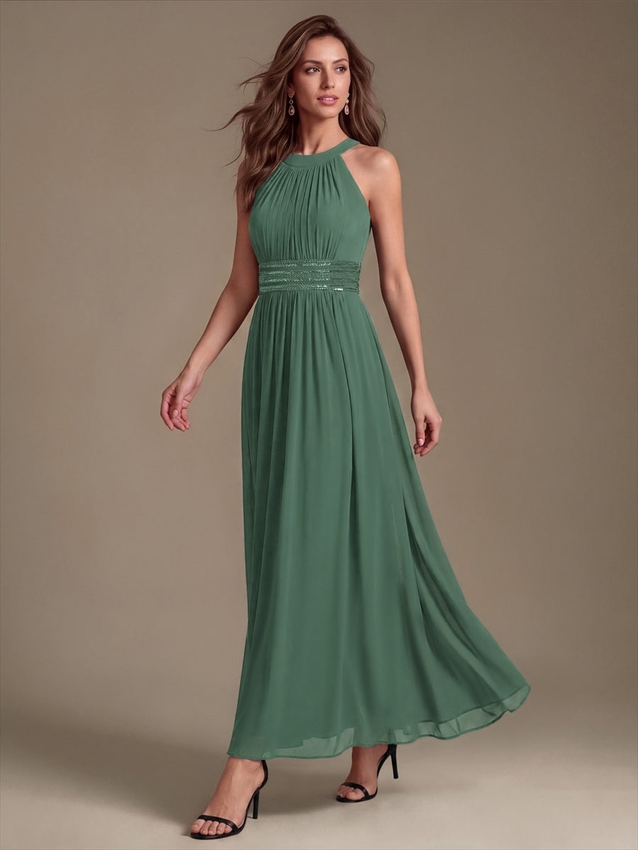 Color=Eucalyptus | Corset Sash Halter Chiffon A-Line Maxi Bridesmaid Dress-Eucalyptus 4