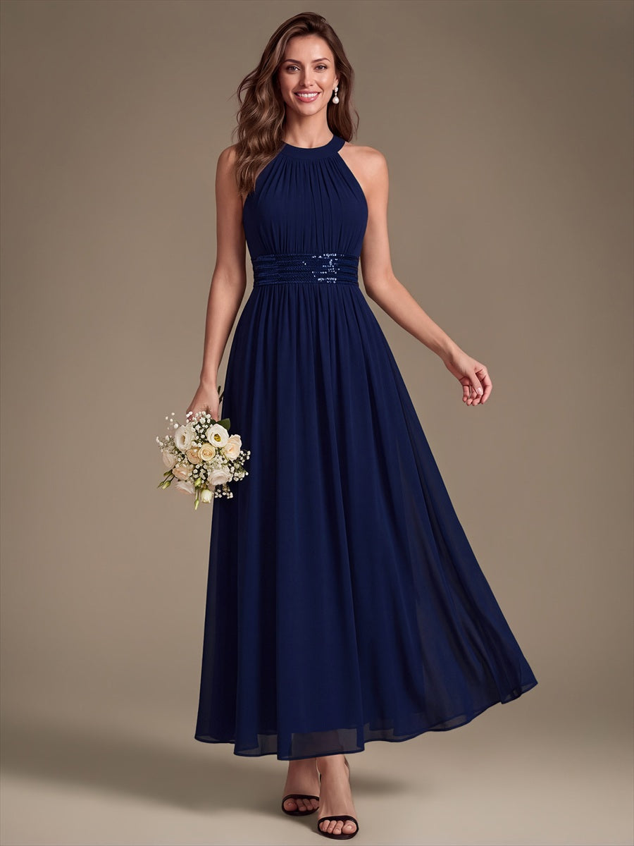 Color=Navy Blue | Corset Sash Halter Chiffon A-Line Maxi Bridesmaid Dress-Navy Blue 1