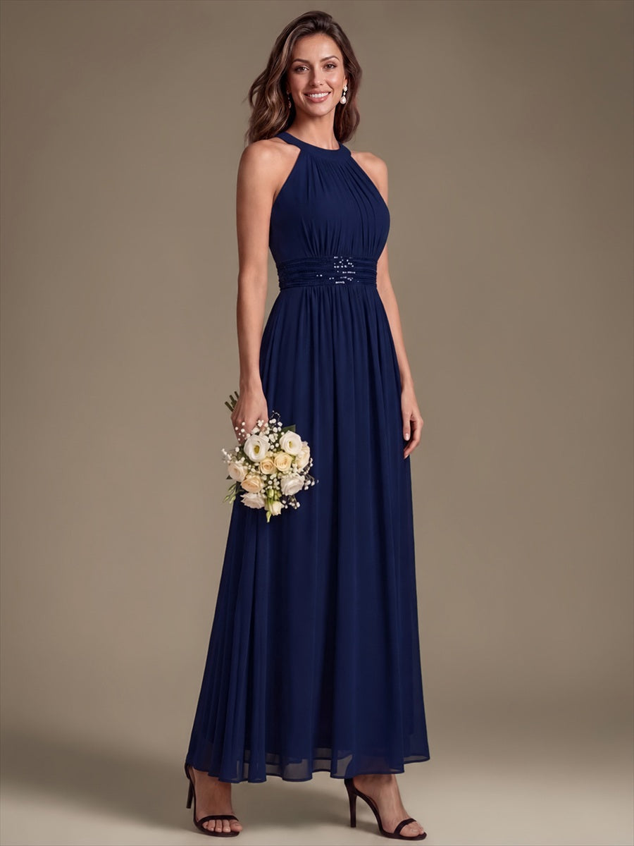 Color=Navy Blue | Corset Sash Halter Chiffon A-Line Maxi Bridesmaid Dress-Navy Blue 3