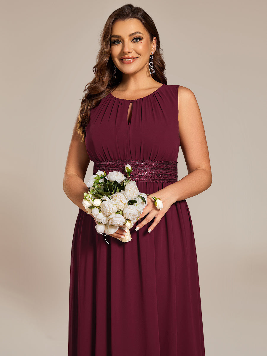 Color=Burgundy | Factory Design Sleeveless Ruched A-Line Midi Length Round Neck Bridesmaid Dresses-Burgundy 5