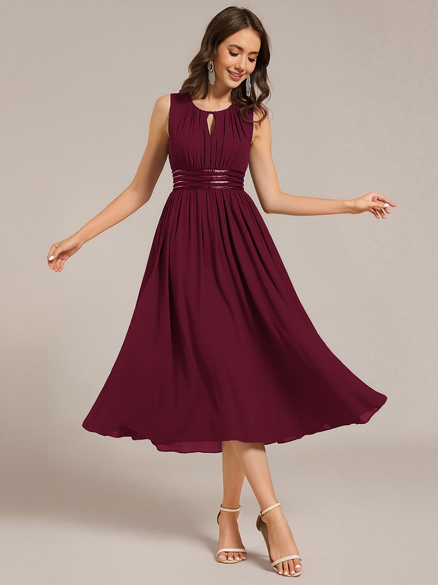 Color=Burgundy | Factory Design Sleeveless Ruched A-Line Midi Length Round Neck Bridesmaid Dresses-Burgundy 1
