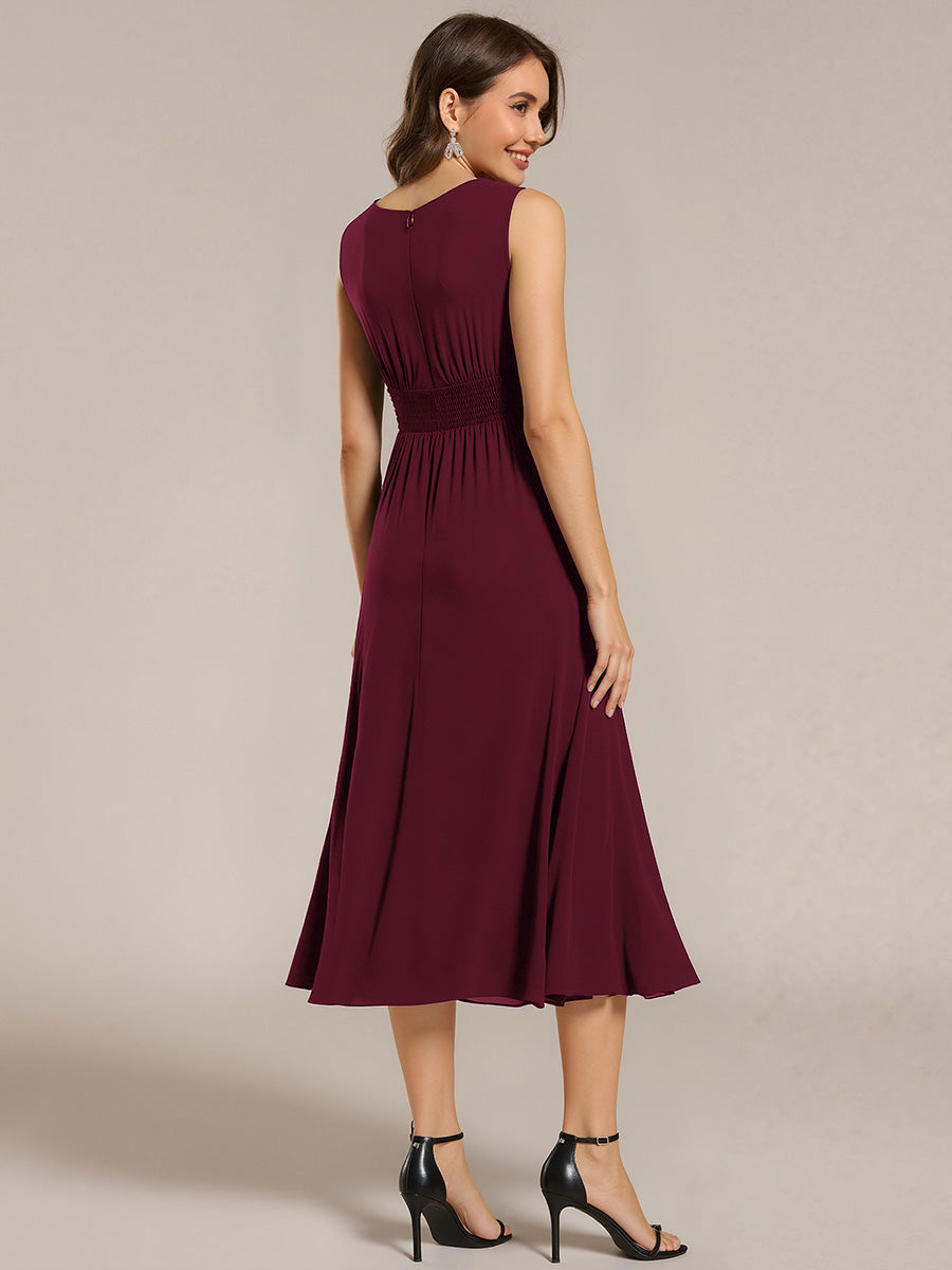 Color=Burgundy | Factory Design Sleeveless Ruched A-Line Midi Length Round Neck Bridesmaid Dresses-Burgundy 2