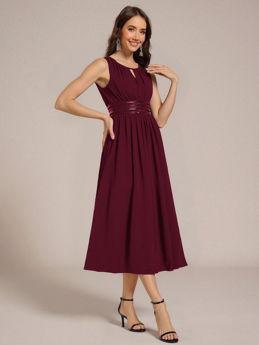 Color=Burgundy | Factory Design Sleeveless Ruched A-Line Midi Length Round Neck Bridesmaid Dresses-Burgundy 4