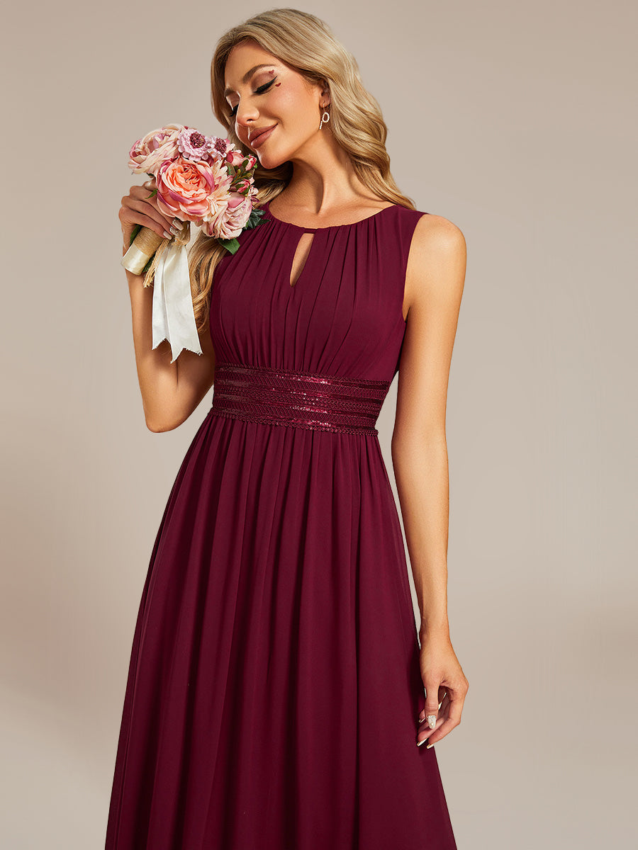 Color=Burgundy | Factory Design Sleeveless Ruched A-Line Midi Length Round Neck Bridesmaid Dresses-Burgundy 3