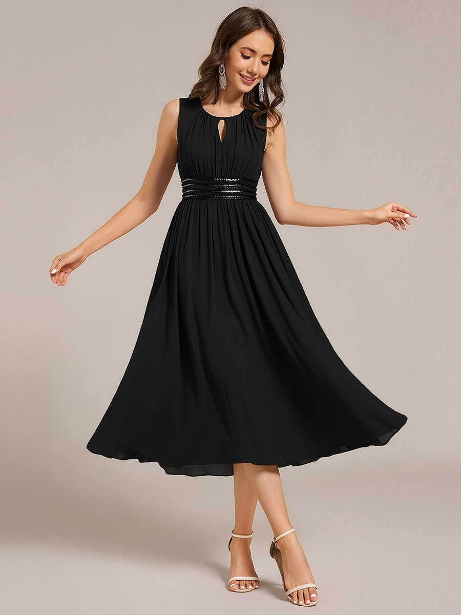 Color=Black | Factory Design Sleeveless Ruched A-Line Midi Length Round Neck Bridesmaid Dresses-Black 6