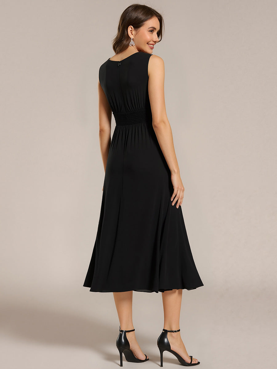 Color=Black | Factory Design Sleeveless Ruched A-Line Midi Length Round Neck Bridesmaid Dresses-Black 7