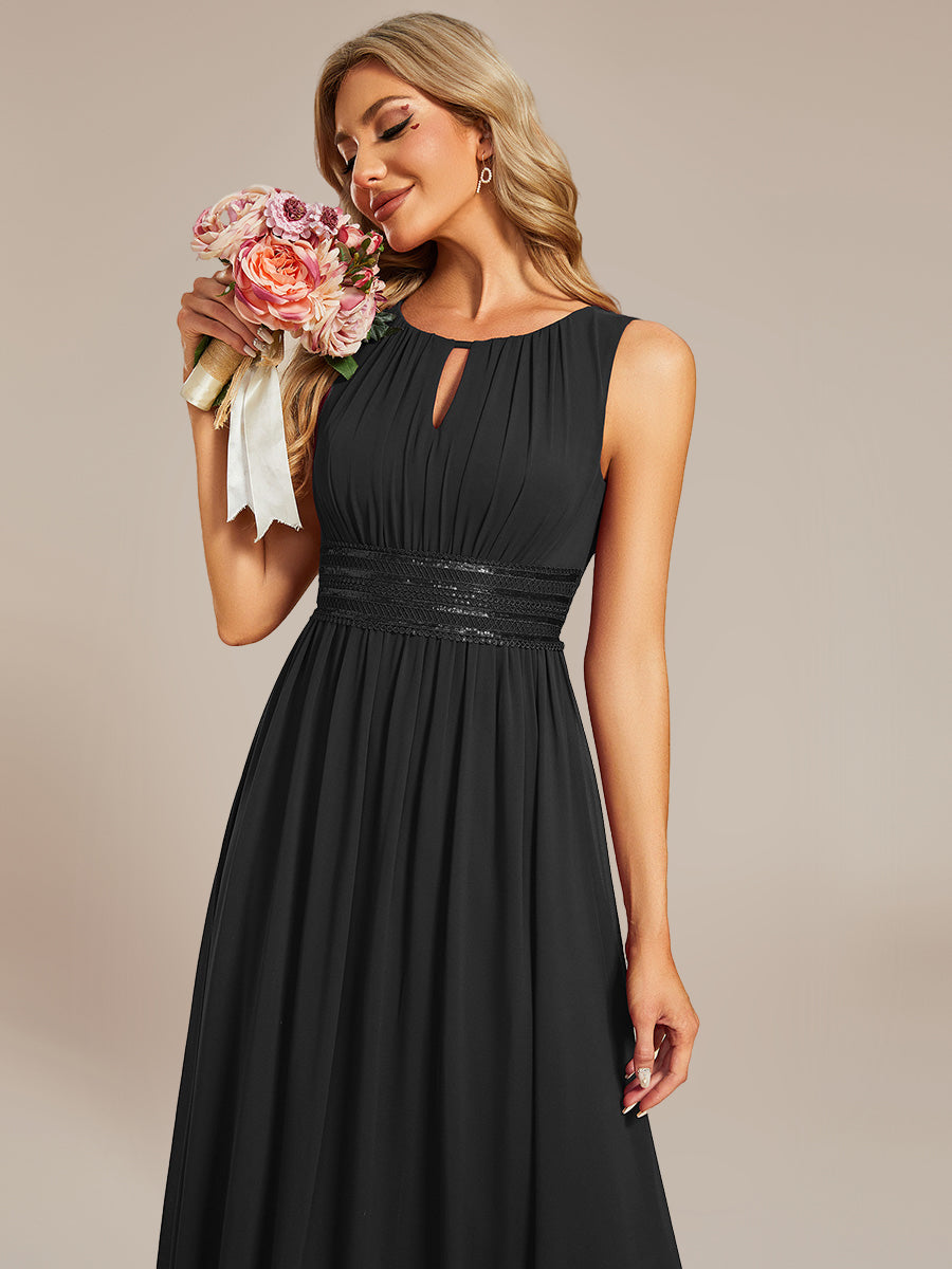 Color=Black | Factory Design Sleeveless Ruched A-Line Midi Length Round Neck Bridesmaid Dresses-Black 8