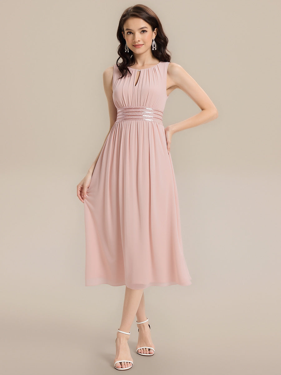 Color=Pink | Factory Design Sleeveless Ruched A-Line Midi Length Round Neck Bridesmaid Dresses-Pink 11