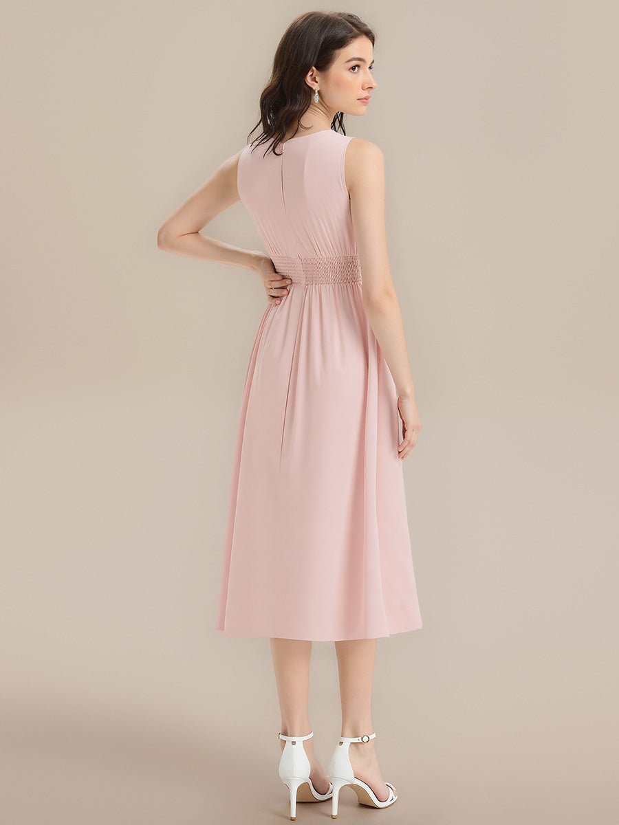 Color=Pink | Factory Design Sleeveless Ruched A-Line Midi Length Round Neck Bridesmaid Dresses-Pink 12