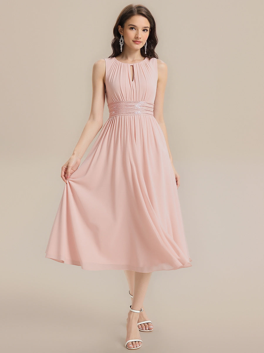Color=Pink | Factory Design Sleeveless Ruched A-Line Midi Length Round Neck Bridesmaid Dresses-Pink 14