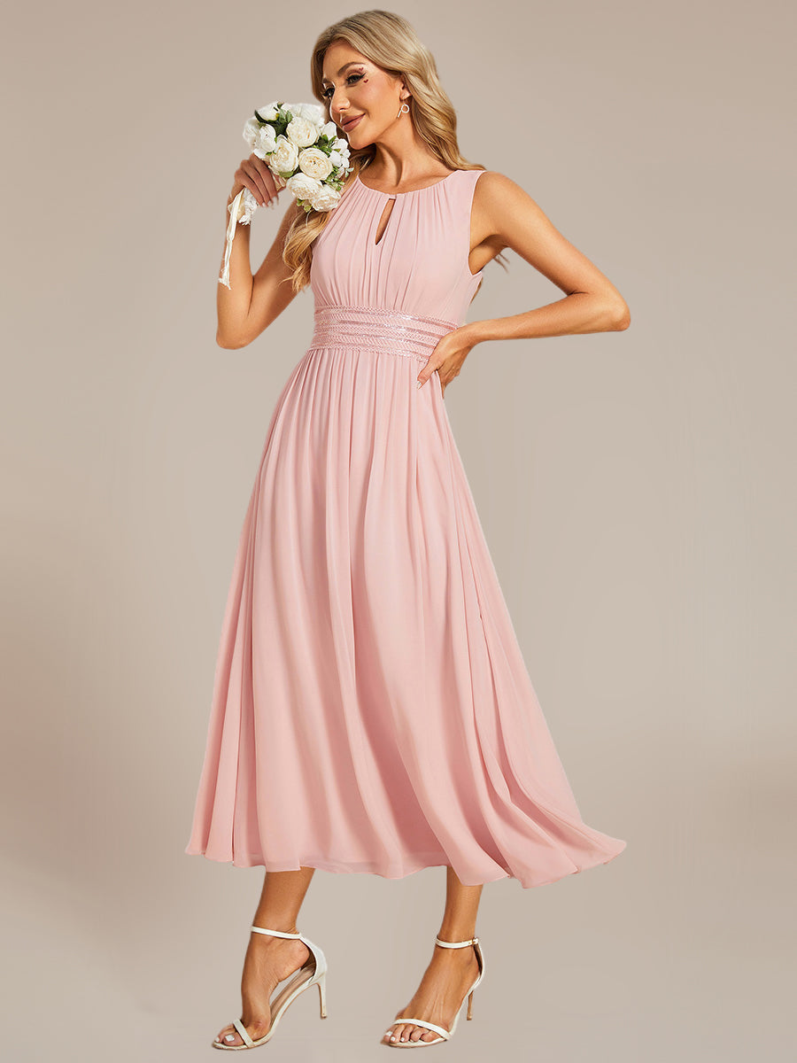 Color=Pink | Factory Design Sleeveless Ruched A-Line Midi Length Round Neck Bridesmaid Dresses-Pink 15