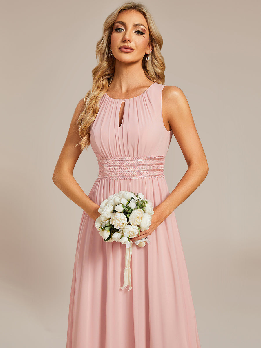 Color=Pink | Factory Design Sleeveless Ruched A-Line Midi Length Round Neck Bridesmaid Dresses-Pink 13