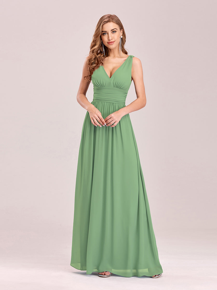Color=Sage Green | Wholesale Pricing Sleeveless Deep V-Neck Non-Stretch A-Line Floor Length Bridesmaid Dresses-Sage Green 14