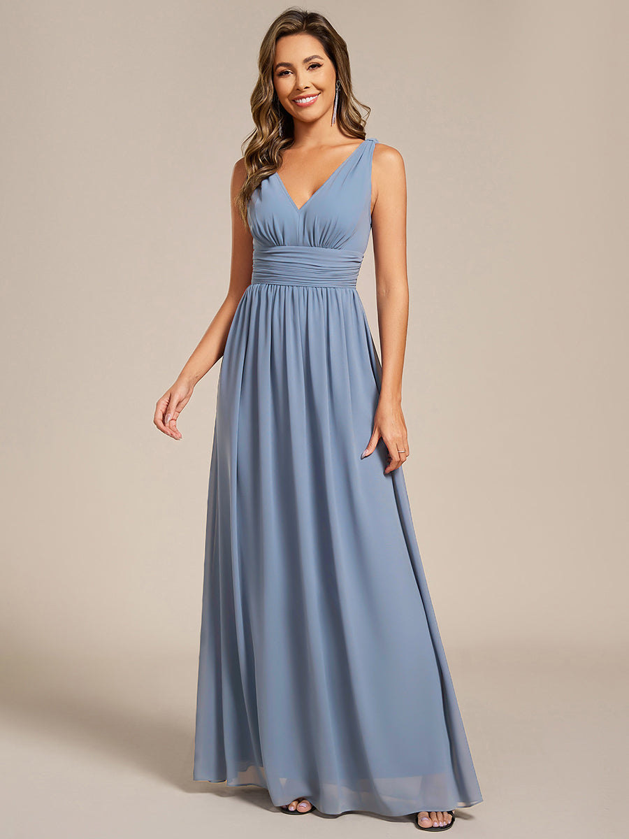 Color=Slate Blue | Elegant Double V-Neck Maxi Long Wholesale Bridesmaid Dresses-Slate Blue 1