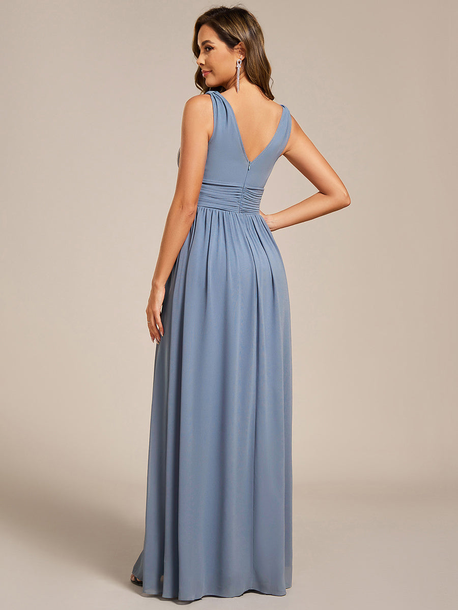 Color=Slate Blue | Elegant Double V-Neck Maxi Long Wholesale Bridesmaid Dresses-Slate Blue 2