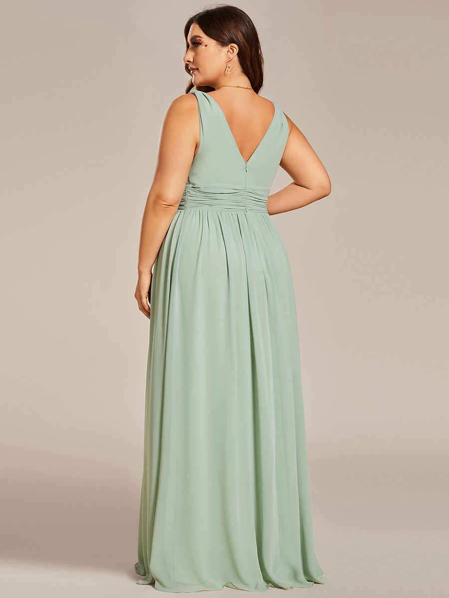 Color=Mint Green | Industrial Use Sleeveless V-Neck Pleated A-Line Floor Length Non-Stretch Bridesmaid Dresses-Mint Green 7