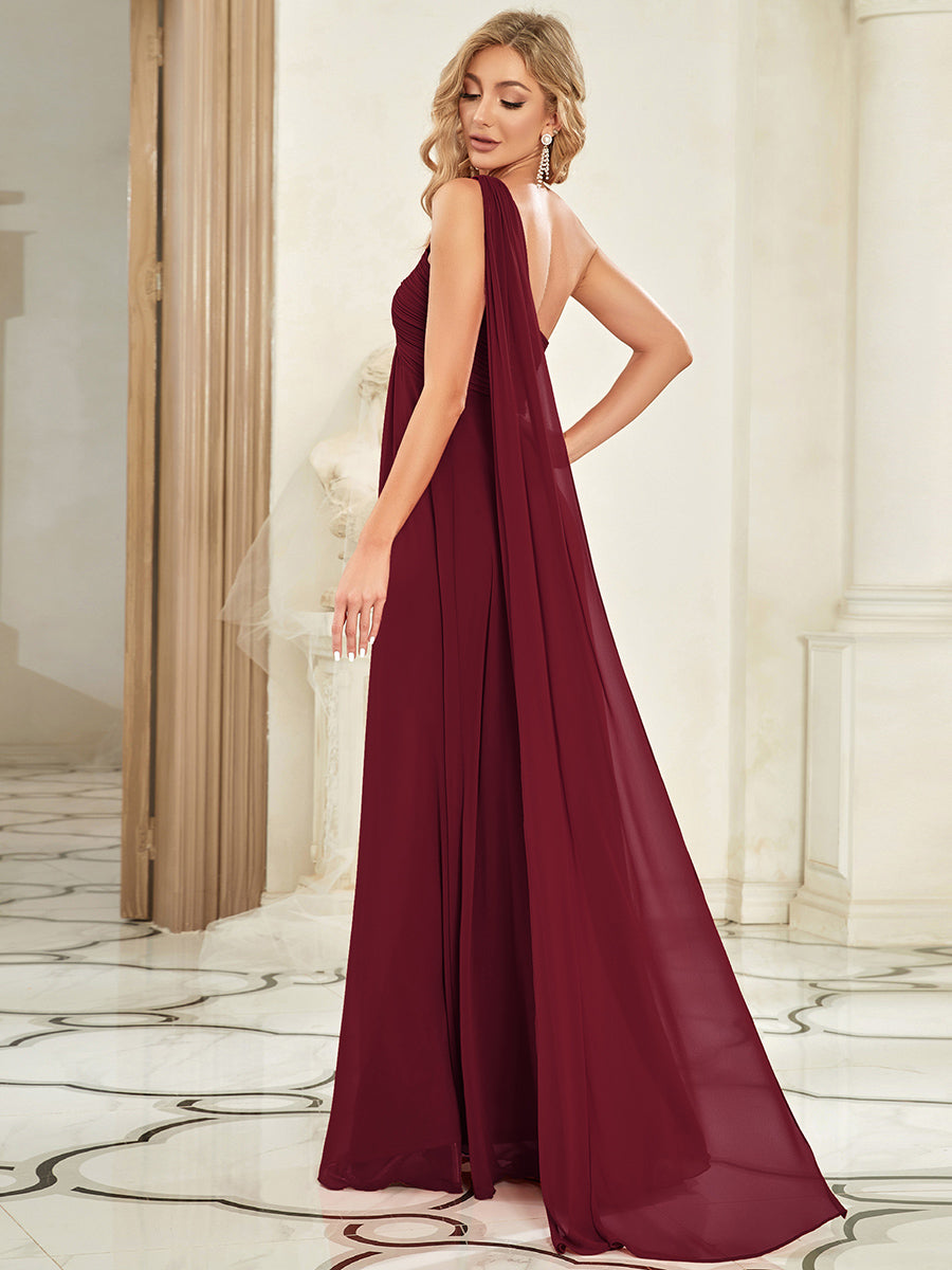 Color=Burgundy | Elegant Pleated A-Line Floor Length One Shoulder Sleeveless Wholesale Bridesmaids Dress-Burgundy 3