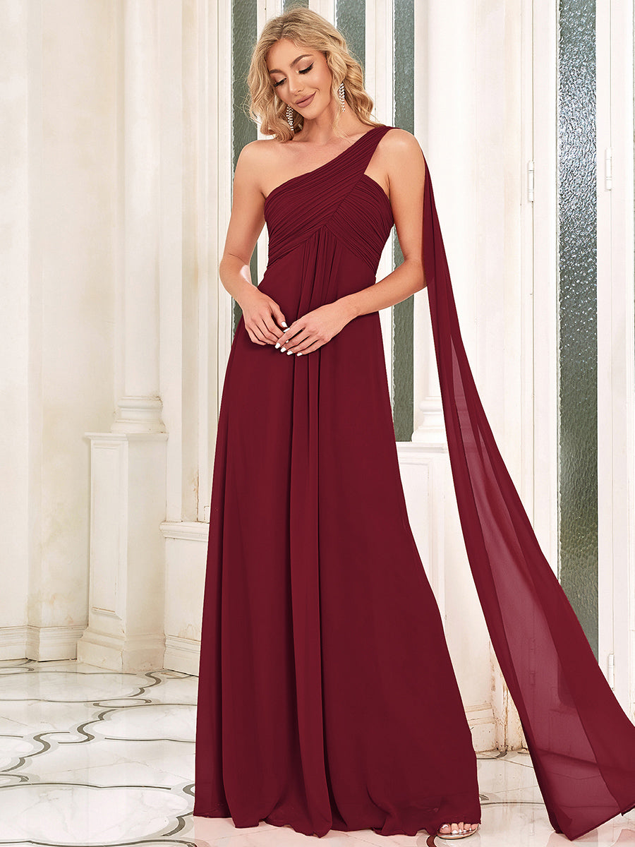 Color=Burgundy | Elegant Pleated A-Line Floor Length One Shoulder Sleeveless Wholesale Bridesmaids Dress-Burgundy 1