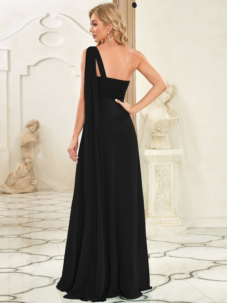 Color=Black | Elegant Pleated A-Line Floor Length One Shoulder Sleeveless Wholesale Bridesmaids Dress-Black 2