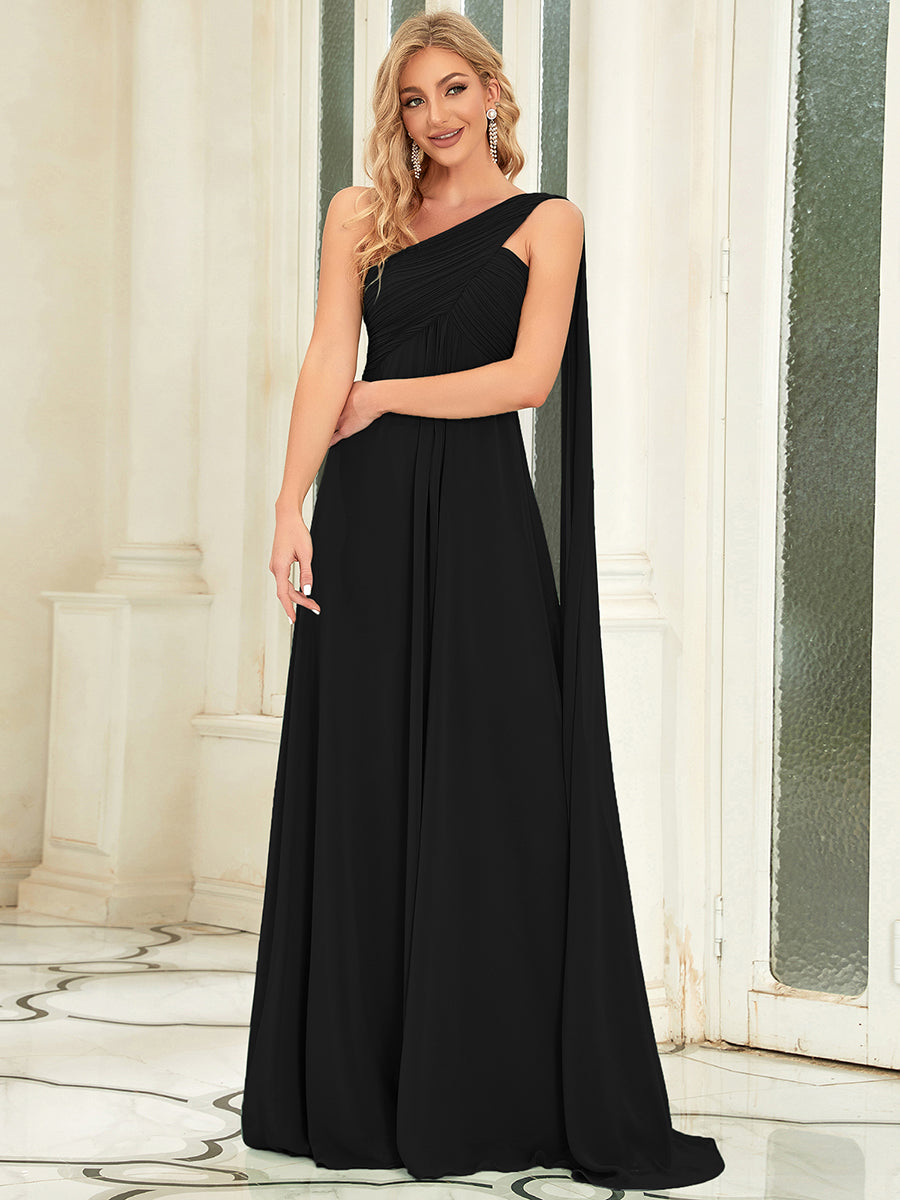 Color=Black | Elegant Pleated A-Line Floor Length One Shoulder Sleeveless Wholesale Bridesmaids Dress-Black 1