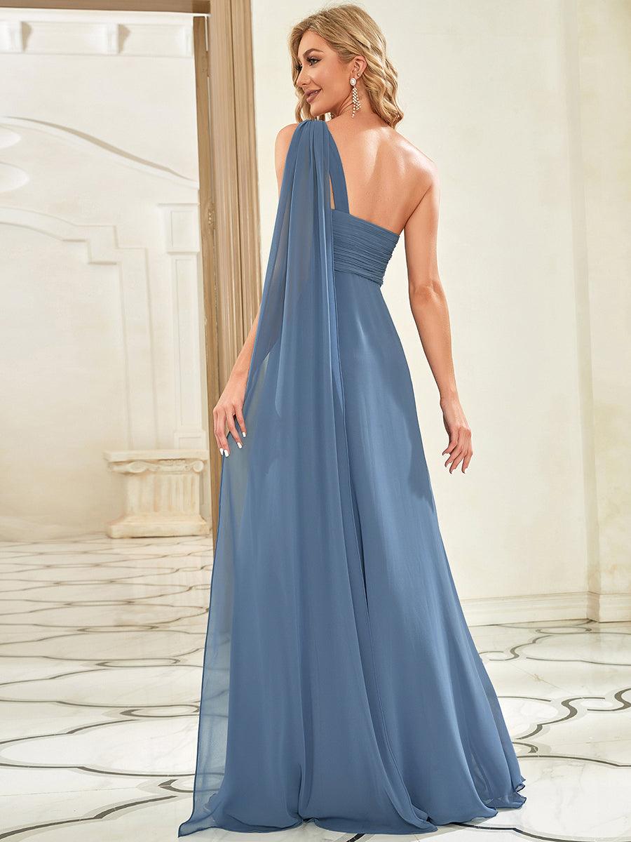 Color=Dusty Navy | Elegant Pleated A-Line Floor Length One Shoulder Sleeveless Wholesale Bridesmaids Dress-Dusty Navy 3