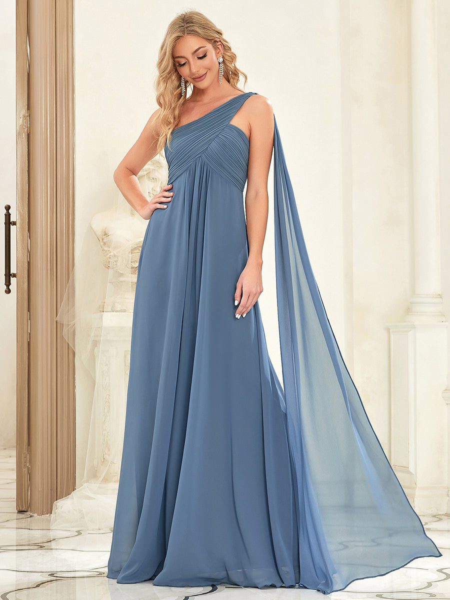 Color=Dusty Navy | Elegant Pleated A-Line Floor Length One Shoulder Sleeveless Wholesale Bridesmaids Dress-Dusty Navy 4
