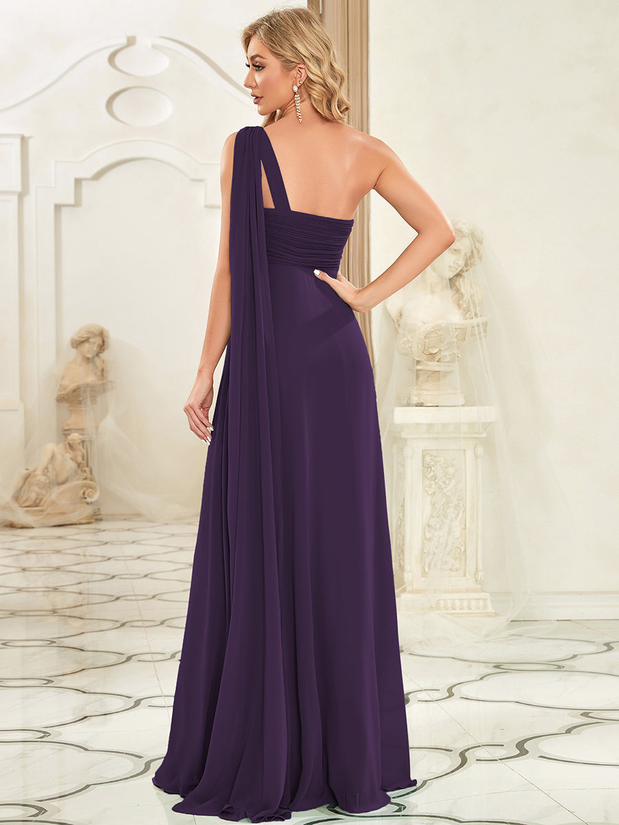 Color=Dark Purple | Elegant Pleated A-Line Floor Length One Shoulder Sleeveless Wholesale Bridesmaids Dress-Dark Purple 2