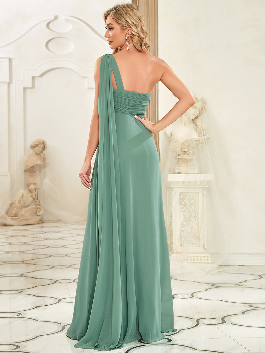 Color=Green Bean | Elegant Pleated A-Line Floor Length One Shoulder Sleeveless Wholesale Bridesmaids Dress-Green Bean 2