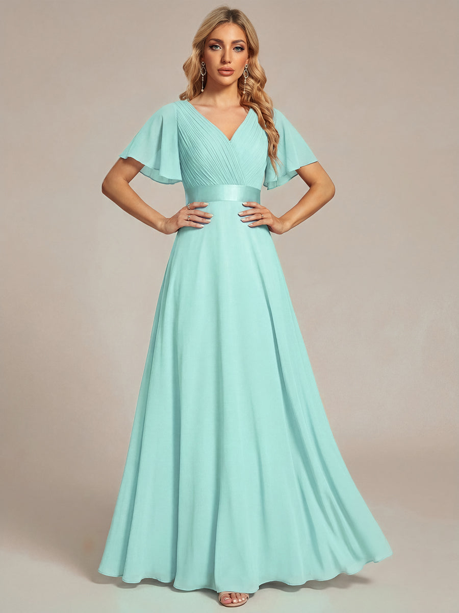 Color=Pastel blue | B2B-Exclusive Short Sleeve Ruffle V-Neck Pleated A-Line Floor Length Bridesmaid Dresses-Pastel blue 1