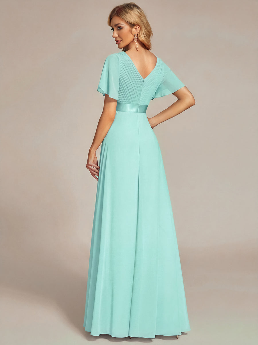 Color=Pastel blue | B2B-Exclusive Short Sleeve Ruffle V-Neck Pleated A-Line Floor Length Bridesmaid Dresses-Pastel blue 2