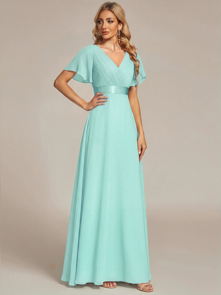 Color=Pastel blue | B2B-Exclusive Short Sleeve Ruffle V-Neck Pleated A-Line Floor Length Bridesmaid Dresses-Pastel blue 4