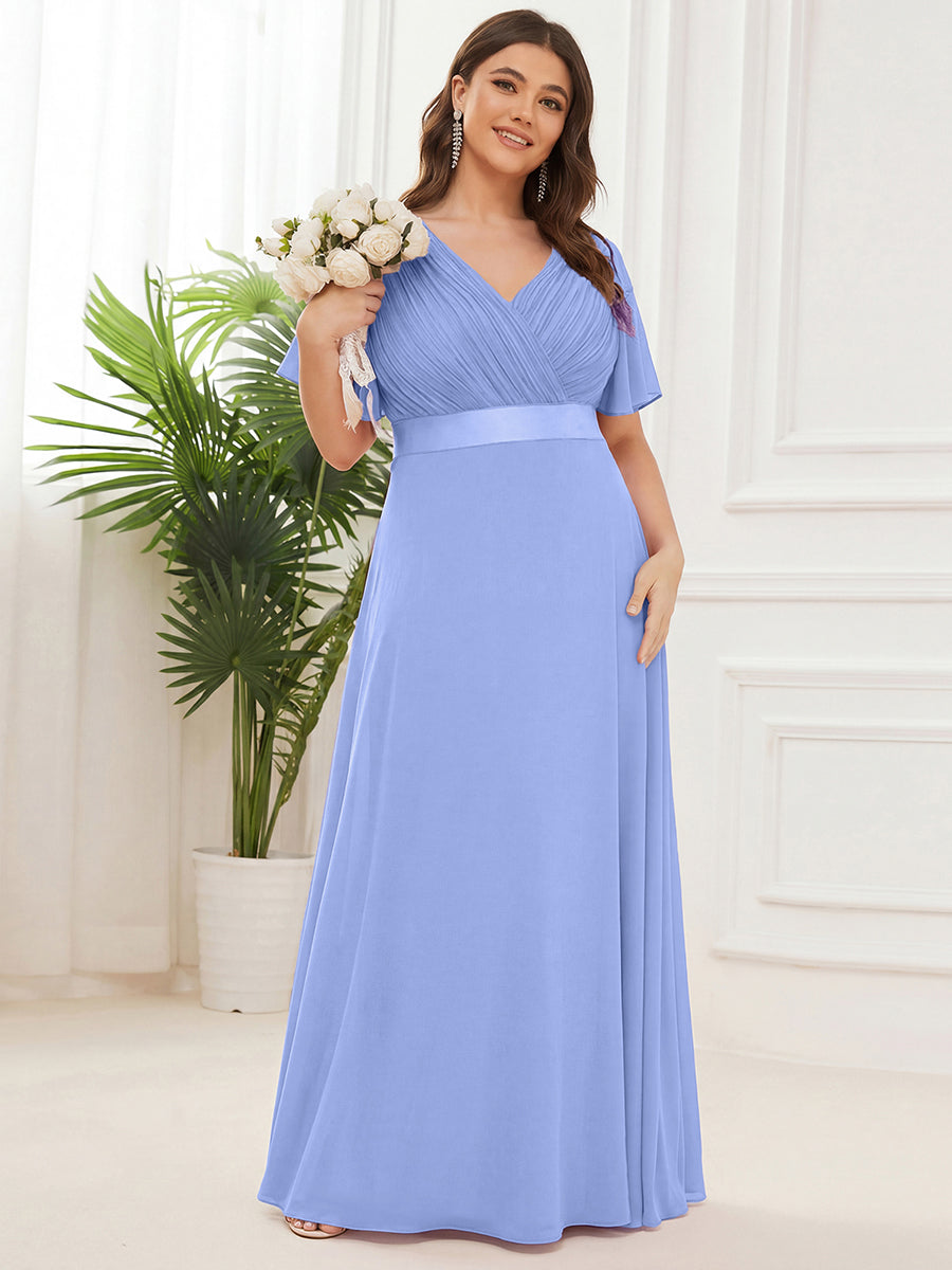 Color=Cornflower Blue | B2B-Exclusive Short Sleeve Ruffle V-Neck Pleated A-Line Floor Length Bridesmaid Dresses-Cornflower Blue 19