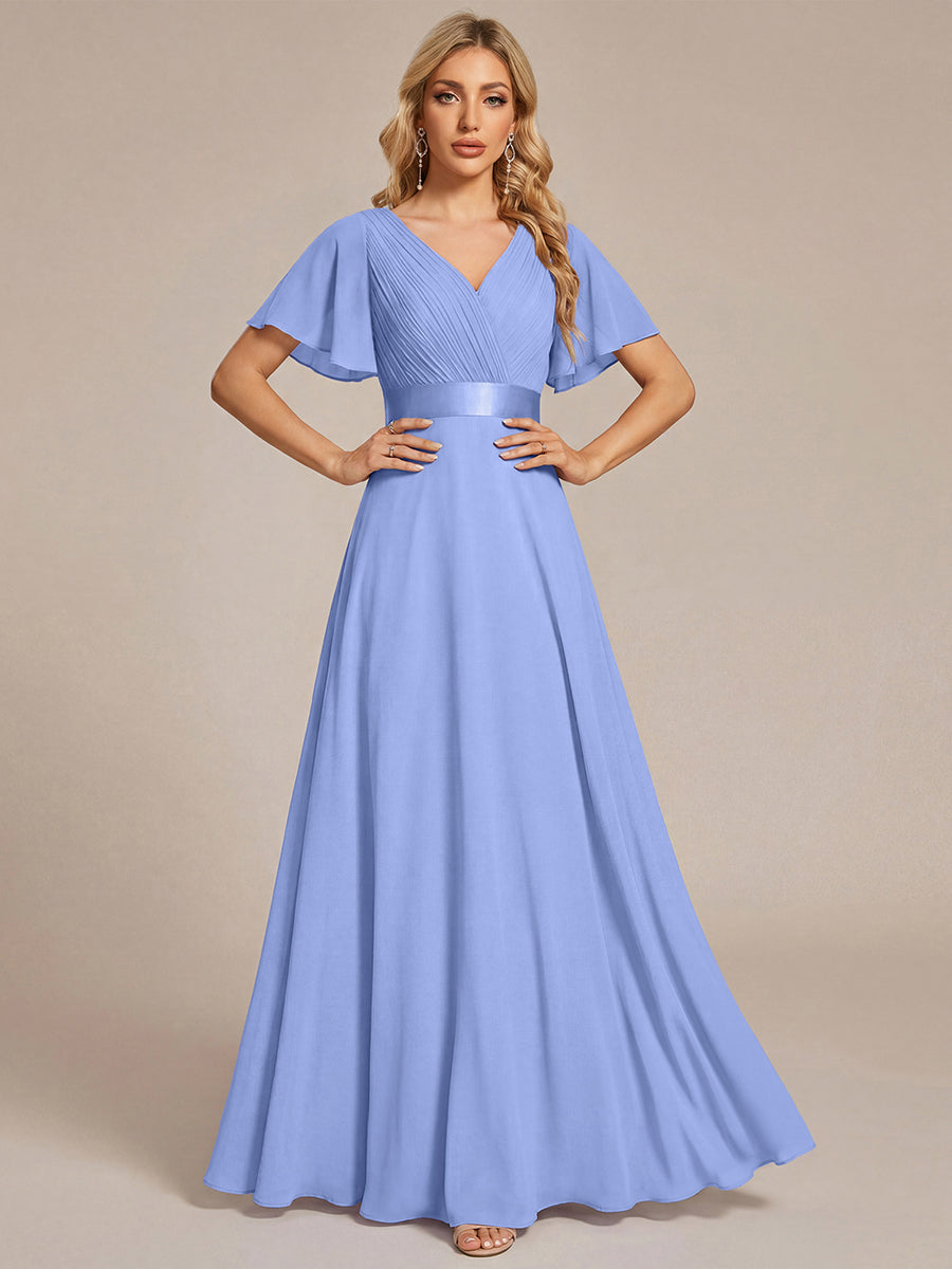 Color=Cornflower Blue | B2B-Exclusive Short Sleeve Ruffle V-Neck Pleated A-Line Floor Length Bridesmaid Dresses-Cornflower Blue 11