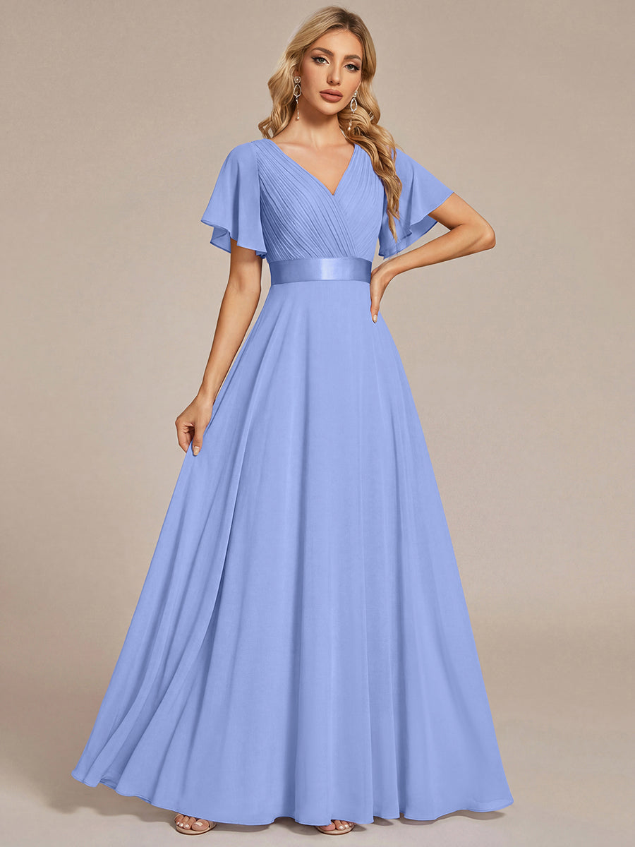 Color=Cornflower Blue | B2B-Exclusive Short Sleeve Ruffle V-Neck Pleated A-Line Floor Length Bridesmaid Dresses-Cornflower Blue 15