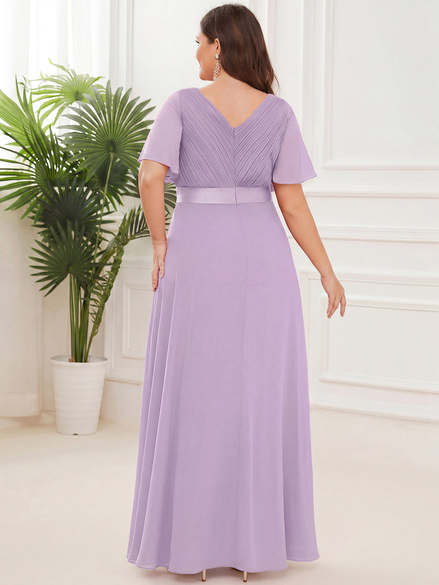 Color=Frosted Lilac | Commercial Wholesale Short Sleeve Ruffle V-Neck Pleated A-Line Floor Length Bridesmaid Dresses-Frosted Lilac 7