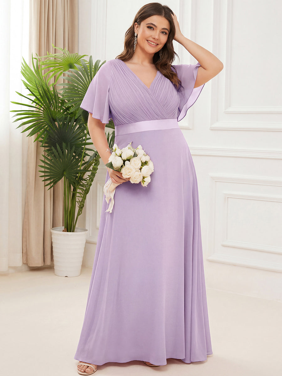 Color=Frosted Lilac | Commercial Wholesale Short Sleeve Ruffle V-Neck Pleated A-Line Floor Length Bridesmaid Dresses-Frosted Lilac 10
