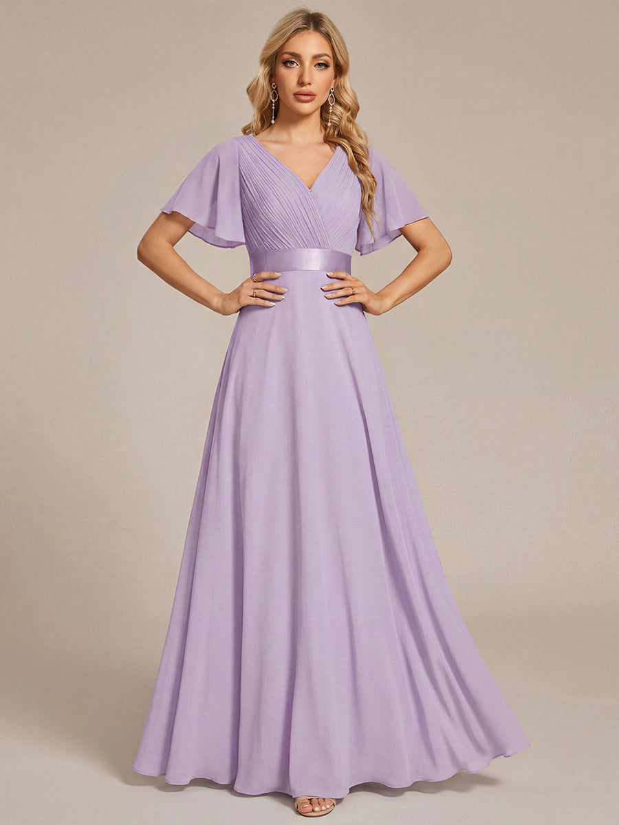 Color=Frosted Lilac | Commercial Wholesale Short Sleeve Ruffle V-Neck Pleated A-Line Floor Length Bridesmaid Dresses-Frosted Lilac 1