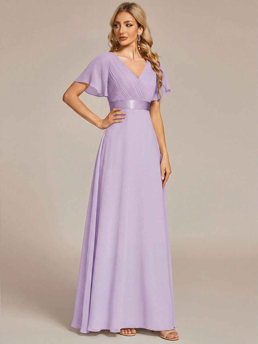 Color=Frosted Lilac | Commercial Wholesale Short Sleeve Ruffle V-Neck Pleated A-Line Floor Length Bridesmaid Dresses-Frosted Lilac 4