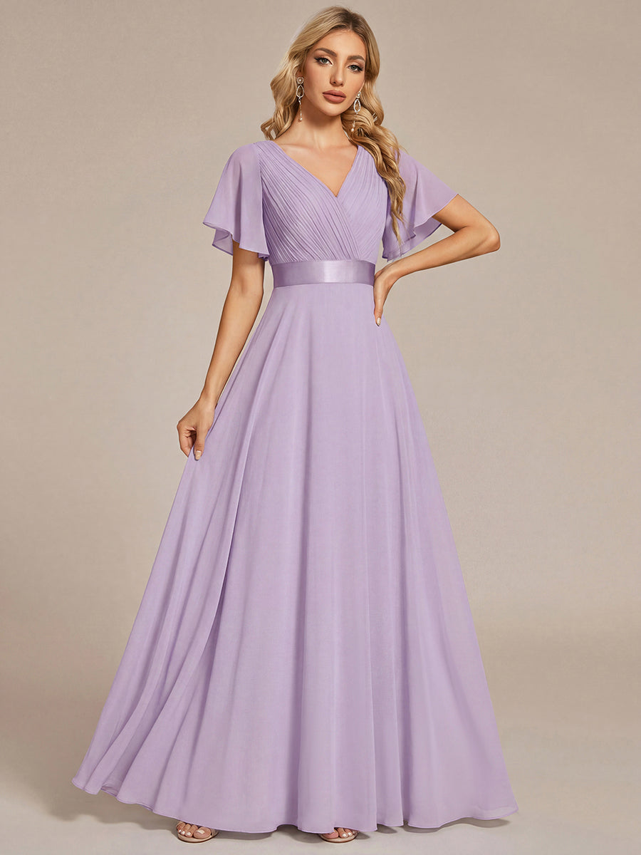 Color=Frosted Lilac | Commercial Wholesale Short Sleeve Ruffle V-Neck Pleated A-Line Floor Length Bridesmaid Dresses-Frosted Lilac 5