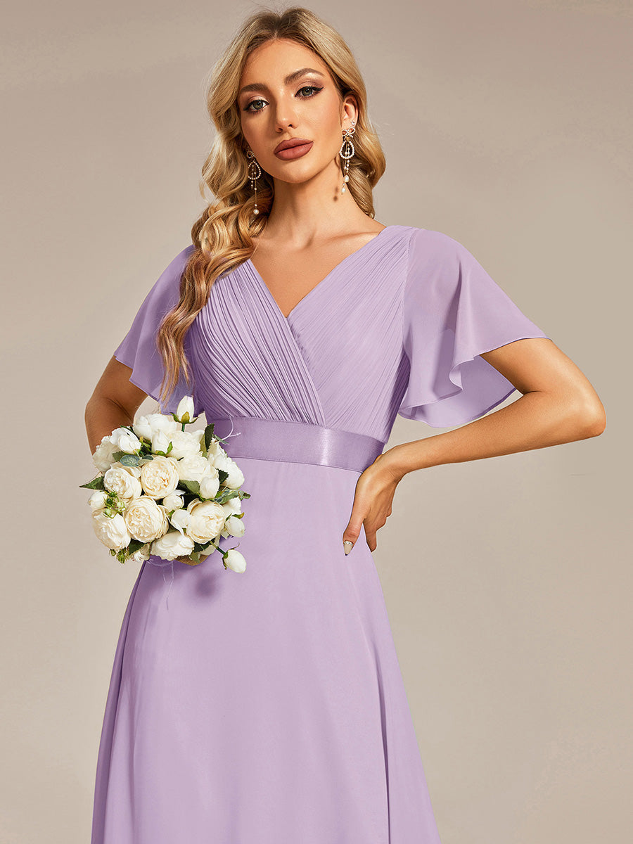 Color=Frosted Lilac | Commercial Wholesale Short Sleeve Ruffle V-Neck Pleated A-Line Floor Length Bridesmaid Dresses-Frosted Lilac 3