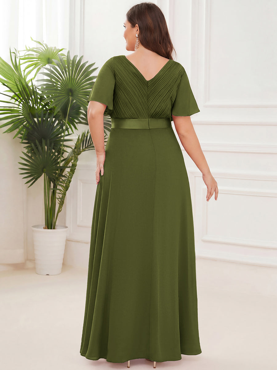 Color=Olive Green | B2B-Exclusive Short Sleeve Ruffle V-Neck Pleated A-Line Floor Length Bridesmaid Dresses-Olive Green 27