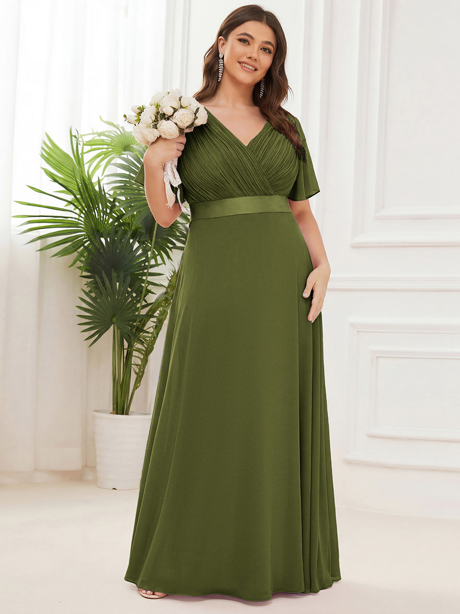 Color=Olive Green | B2B-Exclusive Short Sleeve Ruffle V-Neck Pleated A-Line Floor Length Bridesmaid Dresses-Olive Green 29