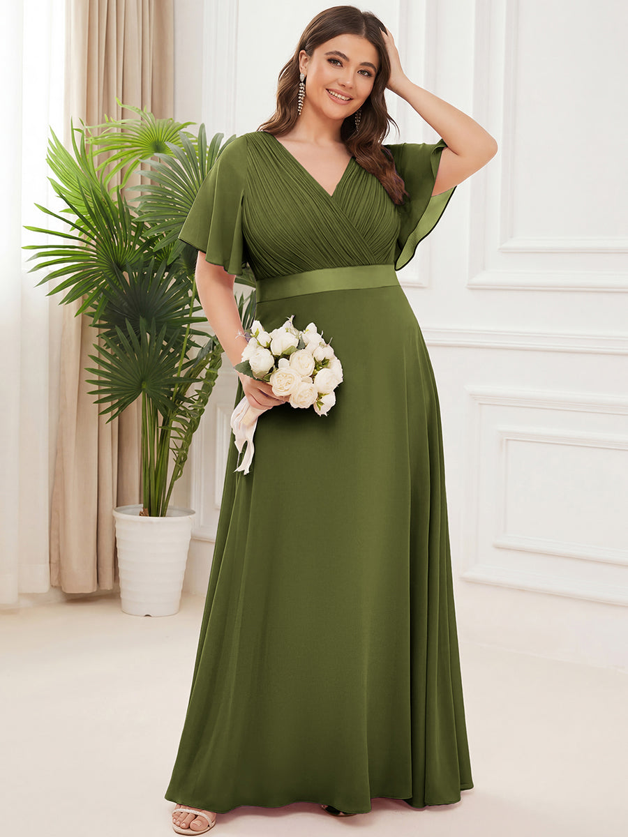 Color=Olive Green | B2B-Exclusive Short Sleeve Ruffle V-Neck Pleated A-Line Floor Length Bridesmaid Dresses-Olive Green 30